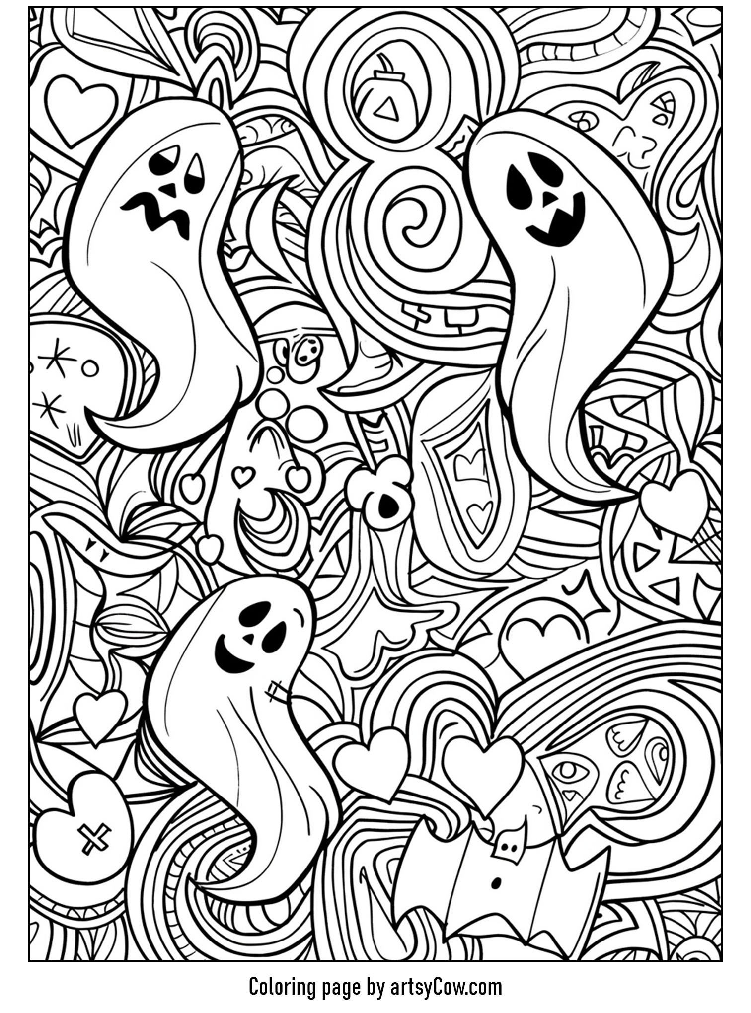 halloween ghost mandala featuring playful ghostly figures entangled with loving hearts and enigmatic swirls, creating an intriguing mandala design.
